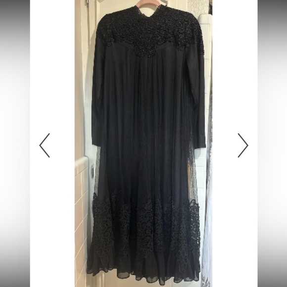 Dainty Jewell Black Sheer Lace Long Sleeve Maxi Dress Sz L Crochet High Neck - Picture 2 of 11